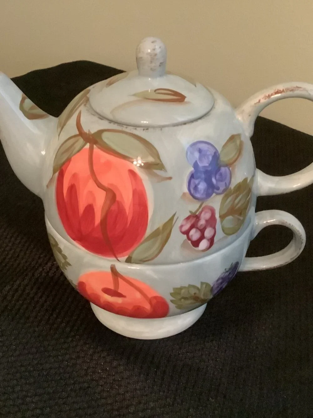 Set of Two TEA FOR ONE  Floral & Fruit Teapot & Cup Sets